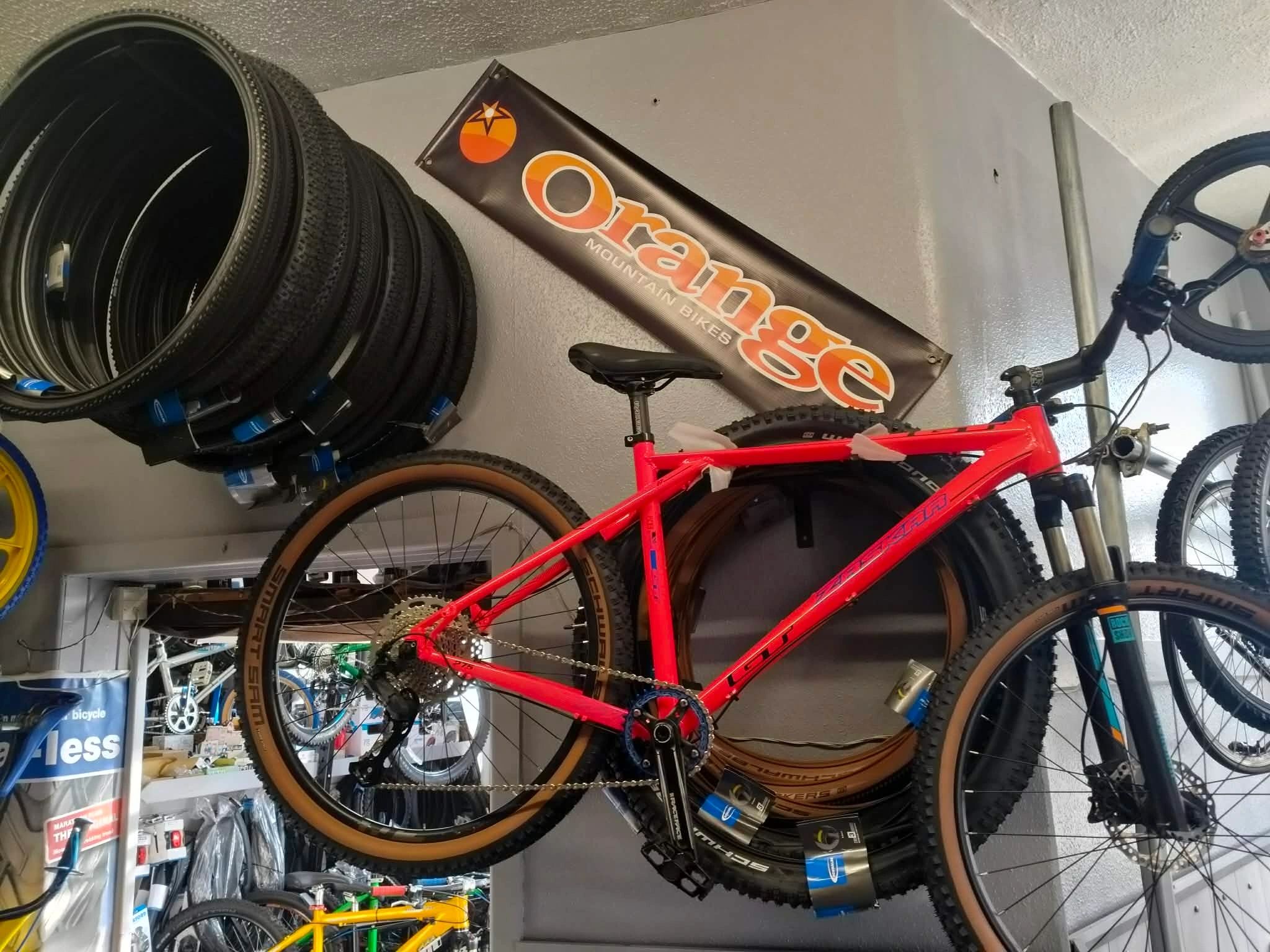 Bicycle and tyres displayed inside Shay Cycles
